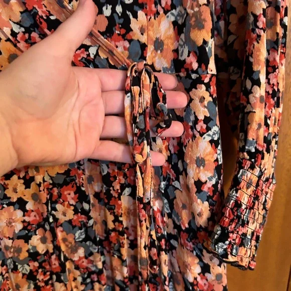 Spring Floral Wrap Dress Scrunch Sleeve Easter Orange Pink Blue Flowers - Picture 6 of 9